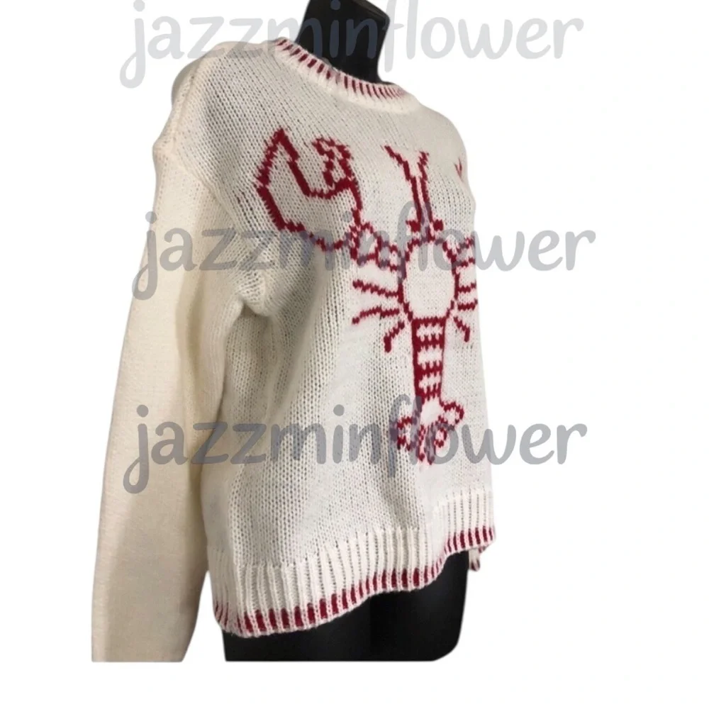 offwhite red whipstitch style lobster print crochet knit sweater size medium new